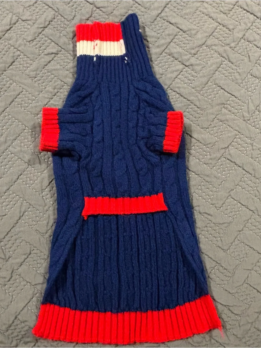 Woof Cable-Knit Dog Sweater in Navy with Red & White Trim